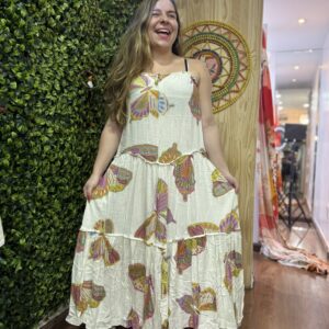 Vestido Longo Farm Branco Estampado Borboletas (desapego)