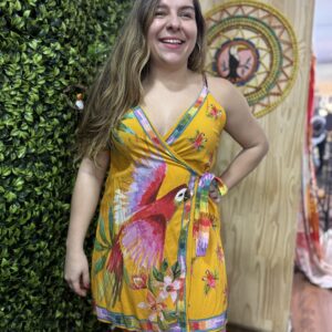 Vestido Curto Envelope Farm Amarela Estampa Arara (novo)